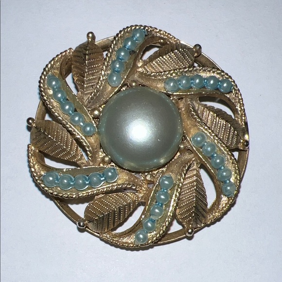 Vintage Gold and Blue Leaf Brooch - Picture 1 of 4